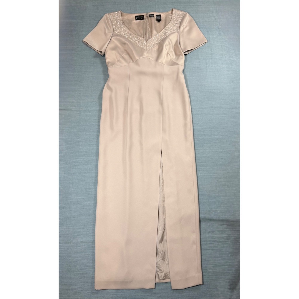 Liz Claiborne Night Beaded Maxi Dress Champagne‎ Taupe V-Neck Gown Front Slit 6